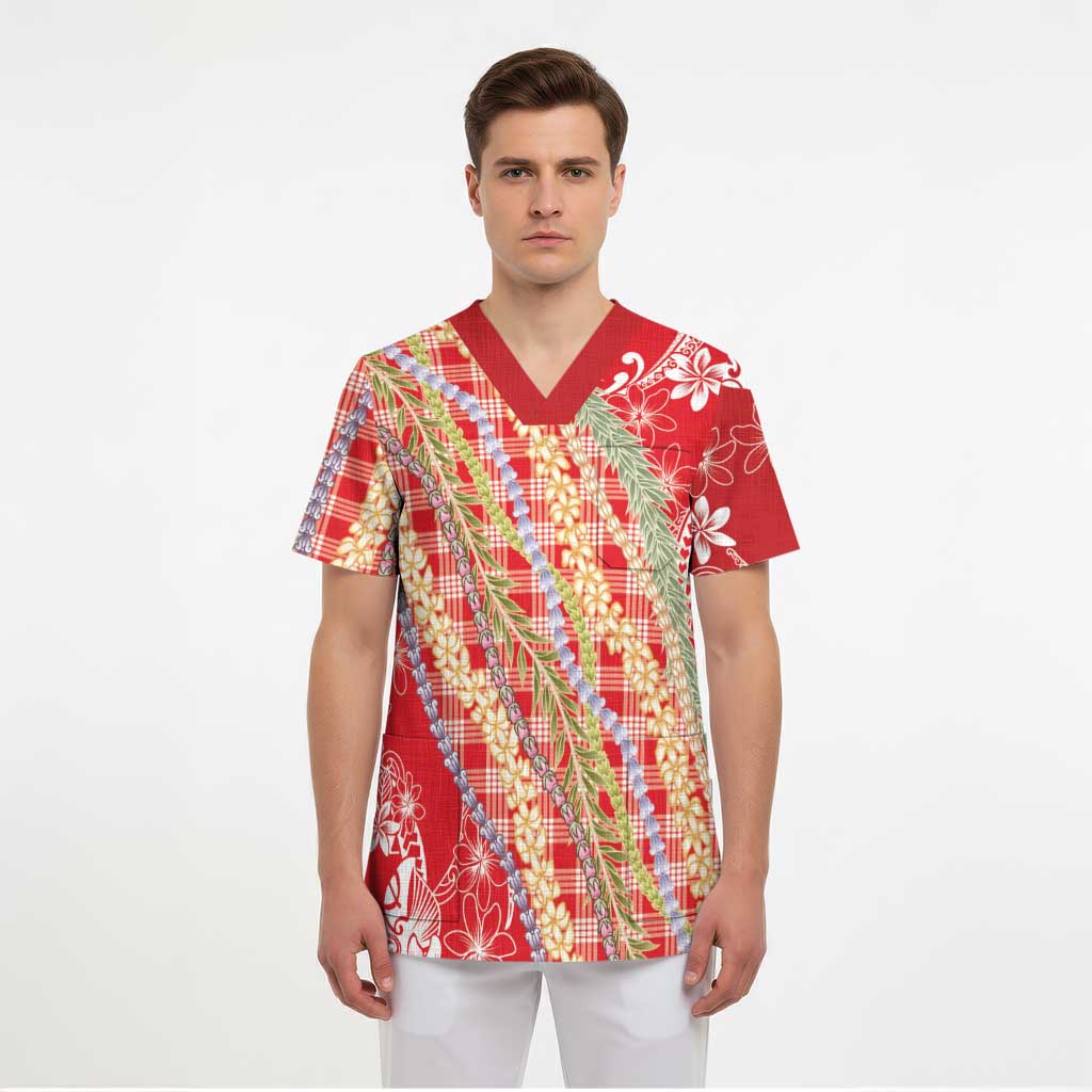 Red Palaka Hawaii Leis Scrub Top Hawaiian-plaid Elegant Tropical Vibes - Polynesian Pride