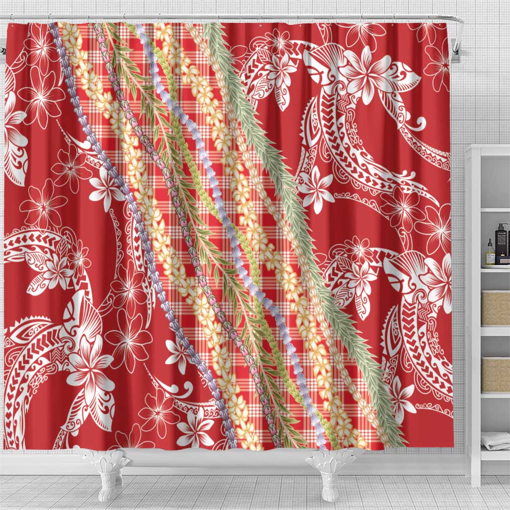 Red Palaka Hawaii Leis Shower Curtain Hawaiian-plaid Elegant Tropical Vibes - Polynesian Pride