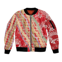 Red Palaka Hawaii Leis Sleeve Zip Bomber Jacket Hawaiian-plaid Elegant Tropical Vibes - Polynesian Pride