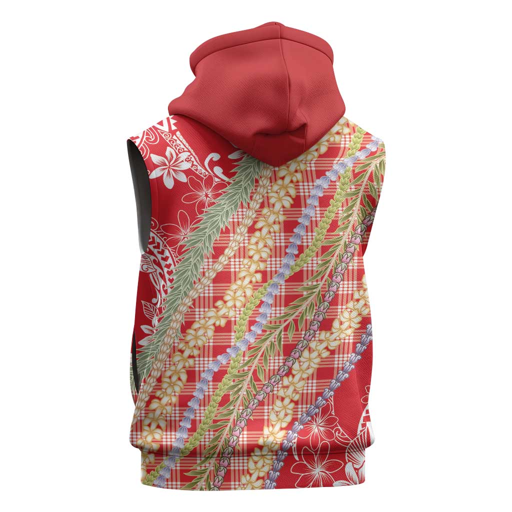 Red Palaka Hawaii Leis Sleeveless Hoodie Hawaiian-plaid Elegant Tropical Vibes - Polynesian Pride