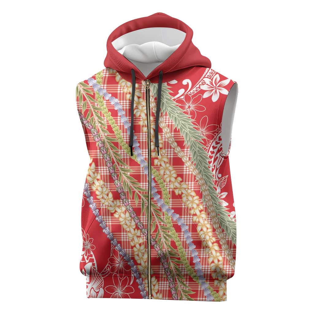 Red Palaka Hawaii Leis Sleeveless Zip Hoodie Hawaiian-plaid Elegant Tropical Vibes - Polynesian Pride