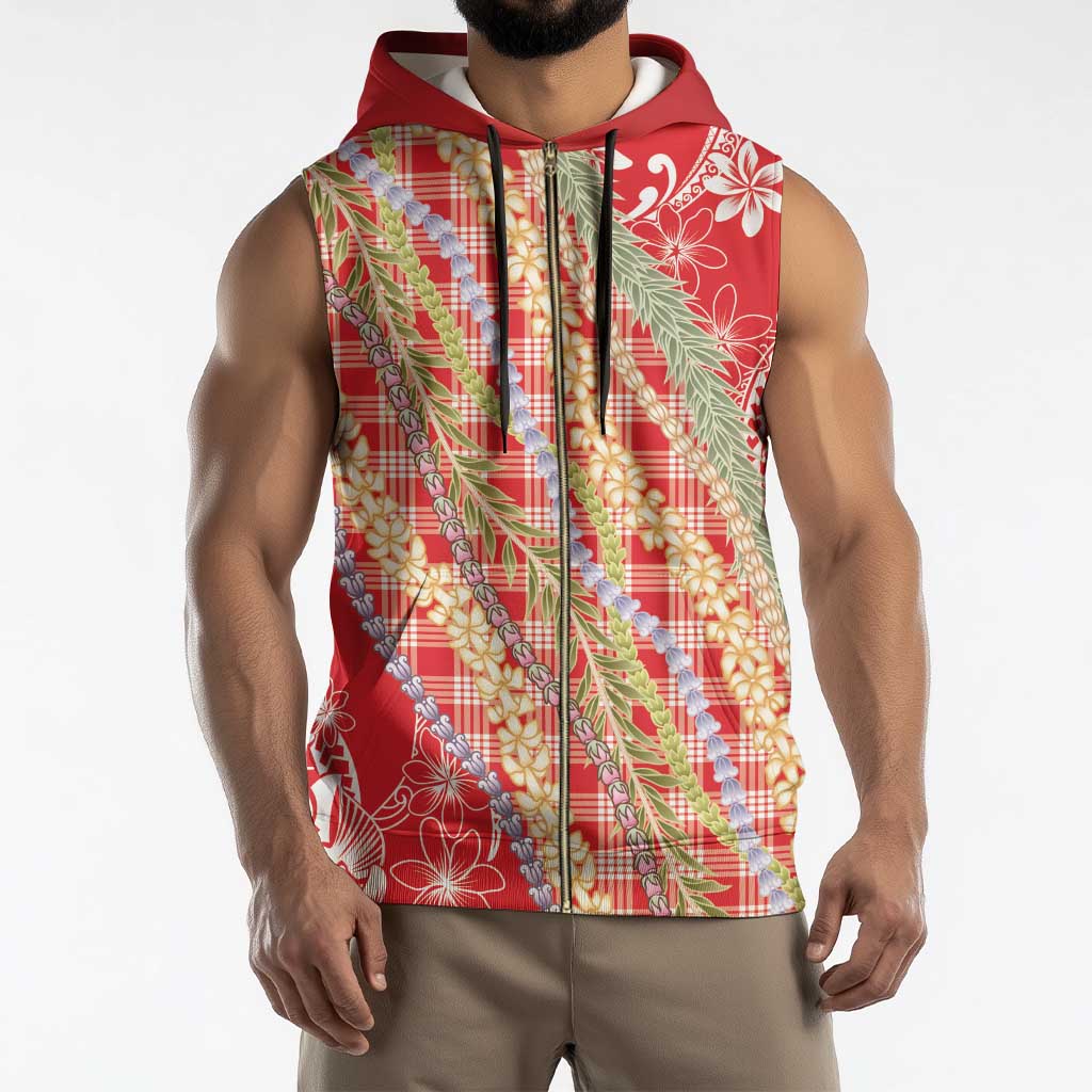 Red Palaka Hawaii Leis Sleeveless Zip Hoodie Hawaiian-plaid Elegant Tropical Vibes - Polynesian Pride