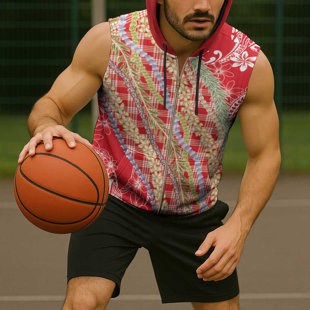 Red Palaka Hawaii Leis Sleeveless Zip Hoodie Hawaiian-plaid Elegant Tropical Vibes - Polynesian Pride