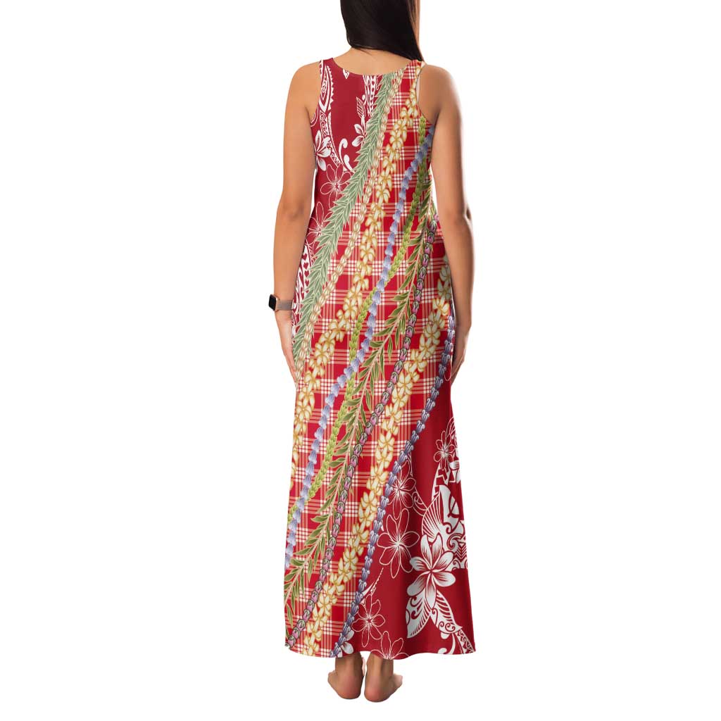 Red Palaka Hawaii Leis Tank Maxi Dress Hawaiian-plaid Elegant Tropical Vibes - Polynesian Pride