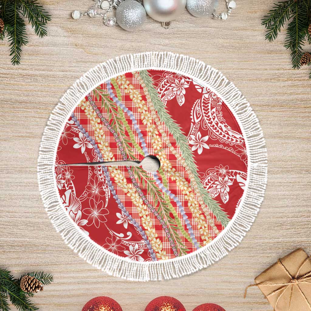 Red Palaka Hawaii Leis Tree Skirt Hawaiian-plaid Elegant Tropical Vibes - Polynesian Pride