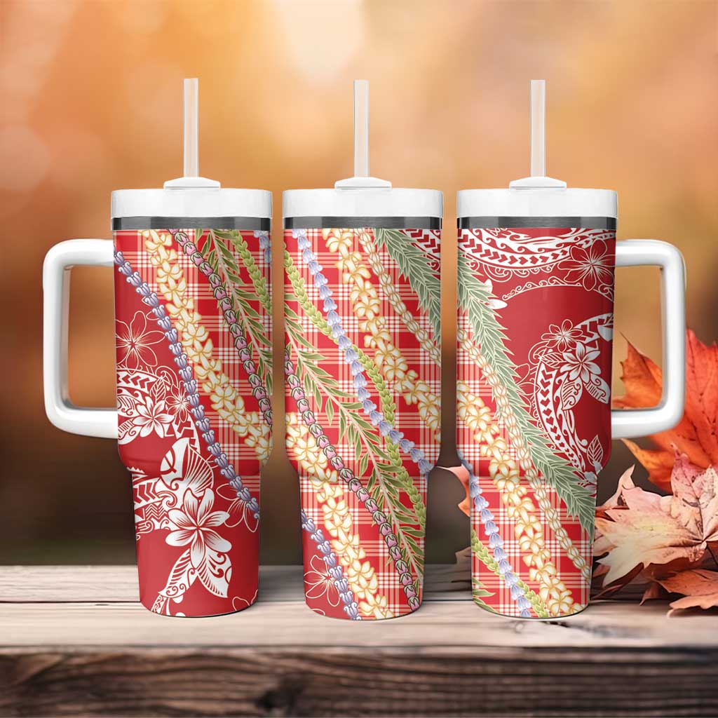Red Palaka Hawaii Leis Tumbler With Handle Hawaiian-plaid Elegant Tropical Vibes - Polynesian Pride