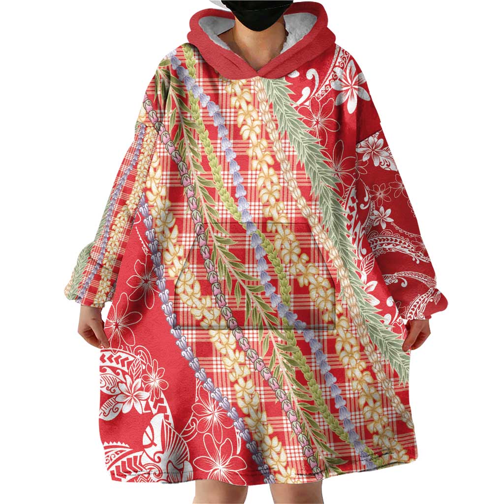 Red Palaka Hawaii Leis Wearable Blanket Hoodie Hawaiian-plaid Elegant Tropical Vibes - Polynesian Pride