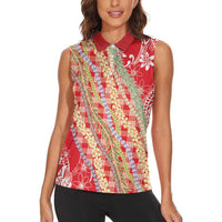 Red Palaka Hawaii Leis Women Sleeveless Polo Shirt Hawaiian-plaid Elegant Tropical Vibes - Polynesian Pride