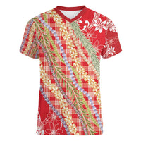 Red Palaka Hawaii Leis Women V-Neck T-Shirt Hawaiian-plaid Elegant Tropical Vibes - Polynesian Pride