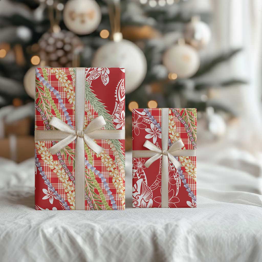 Red Palaka Hawaii Leis Wrapping Paper Hawaiian-plaid Elegant Tropical Vibes - Polynesian Pride