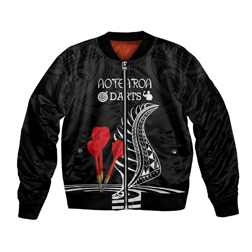 Personalised New Zealand Darts Bomber Jacket Aotearoa Maori Fern Bring It On LT14 Unisex Black - Polynesian Pride