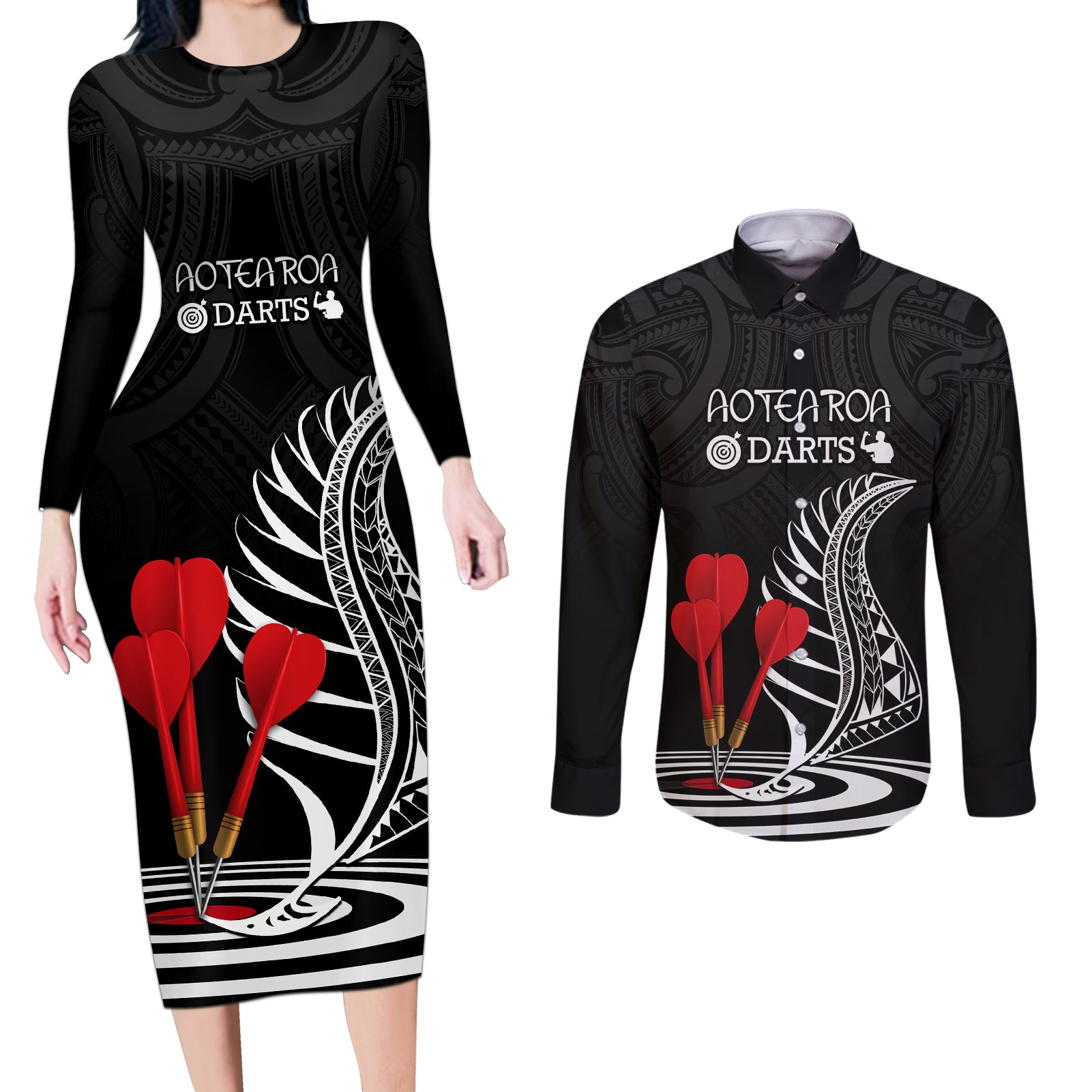 Personalised New Zealand Darts Couples Matching Long Sleeve Bodycon Dress and Long Sleeve Button Shirt Aotearoa Maori Fern Bring It On LT14 Black - Polynesian Pride