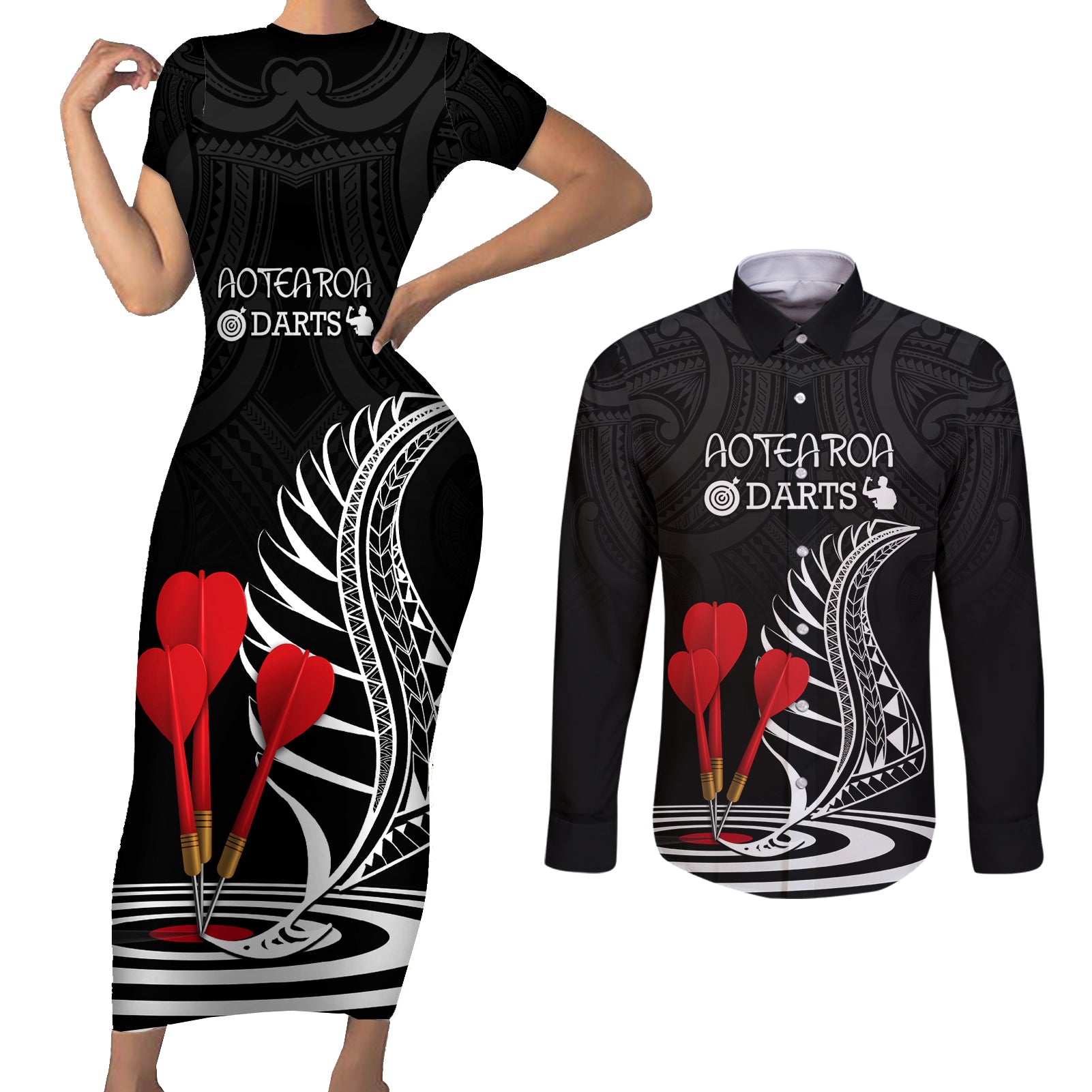 Personalised New Zealand Darts Couples Matching Short Sleeve Bodycon Dress and Long Sleeve Button Shirt Aotearoa Maori Fern Bring It On LT14 Black - Polynesian Pride