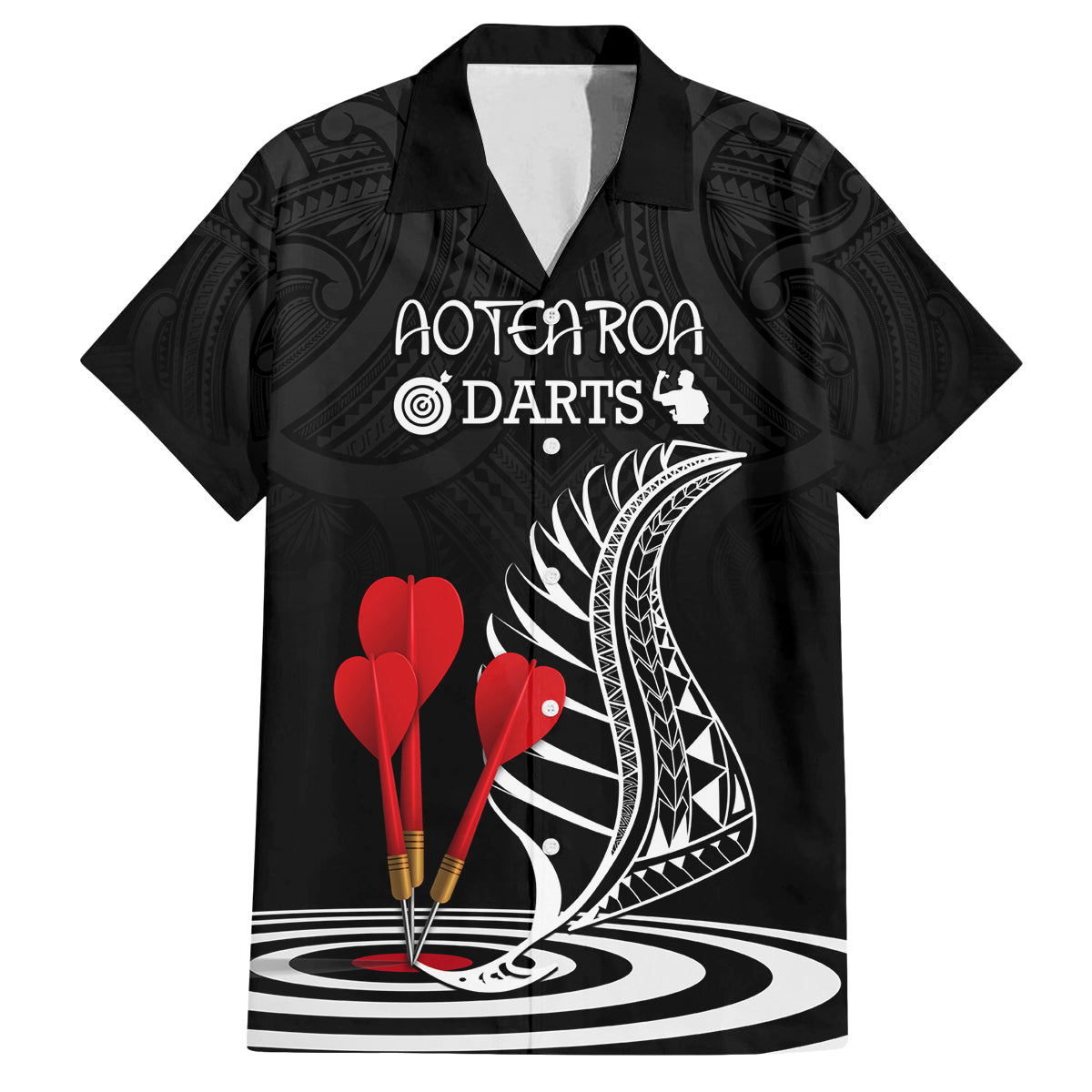 Personalised New Zealand Darts Family Matching Long Sleeve Bodycon Dress and Hawaiian Shirt Aotearoa Maori Fern Bring It On LT14 Dad's Shirt - Short Sleeve Black - Polynesian Pride