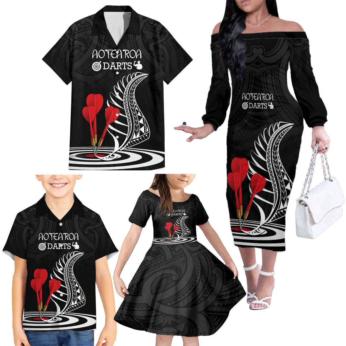 Personalised New Zealand Darts Family Matching Off Shoulder Long Sleeve Dress and Hawaiian Shirt Aotearoa Maori Fern Bring It On LT14 - Polynesian Pride