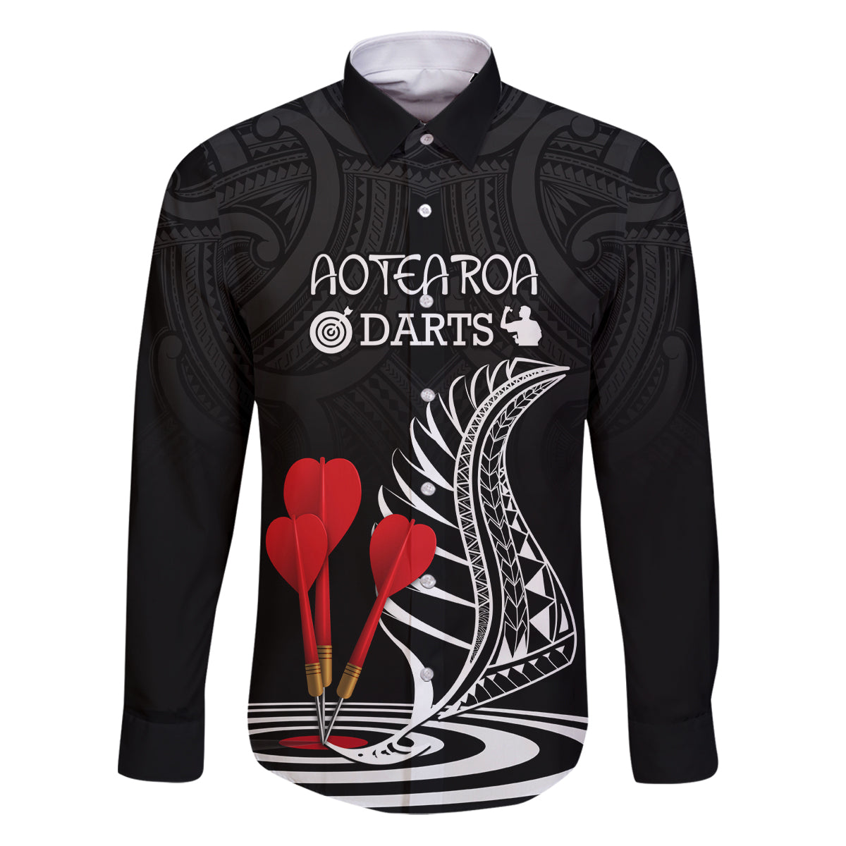 Personalised New Zealand Darts Family Matching Puletasi Dress and Hawaiian Shirt Aotearoa Maori Fern Bring It On LT14 Dad's Shirt - Long Sleeve Black - Polynesian Pride