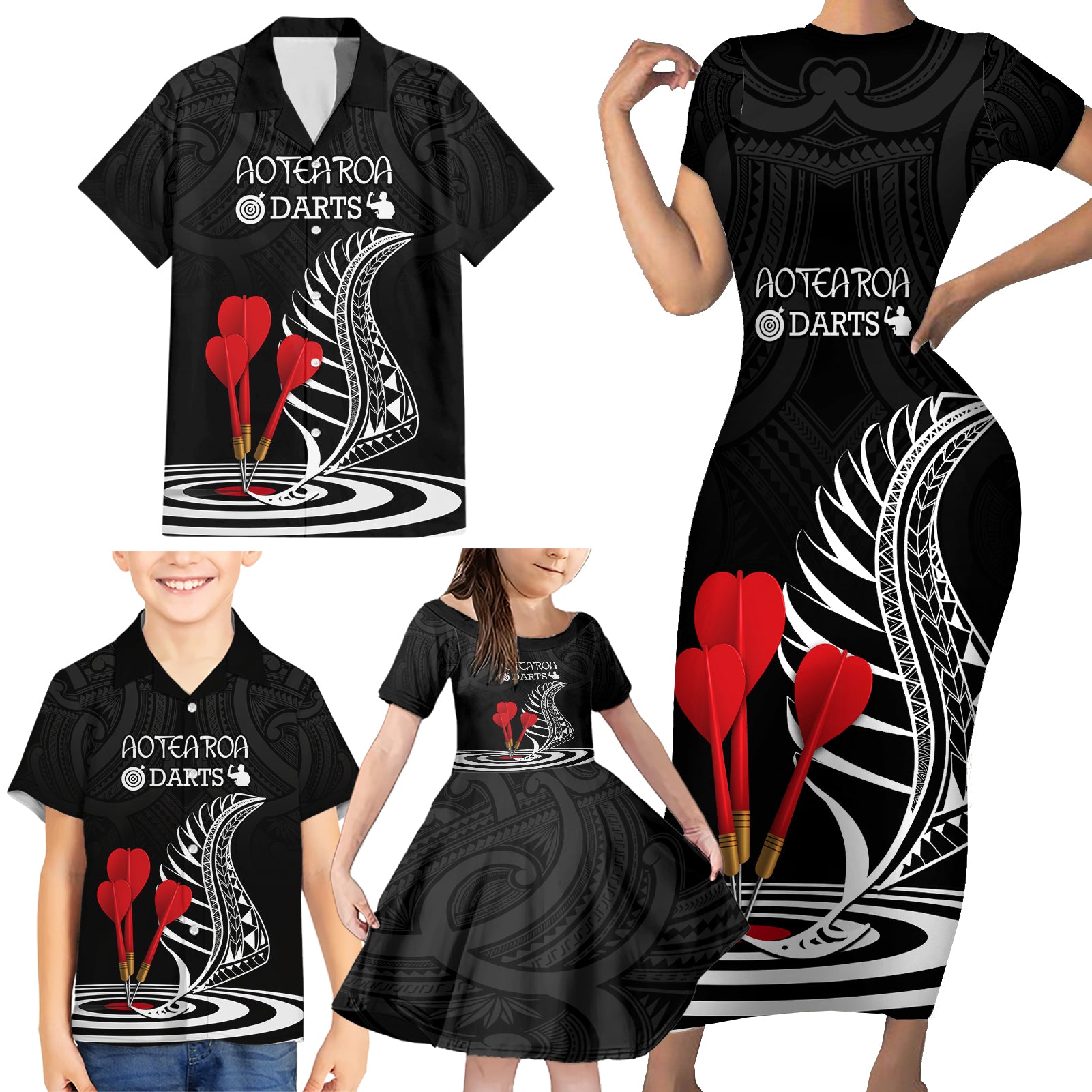 Personalised New Zealand Darts Family Matching Short Sleeve Bodycon Dress and Hawaiian Shirt Aotearoa Maori Fern Bring It On LT14 - Polynesian Pride