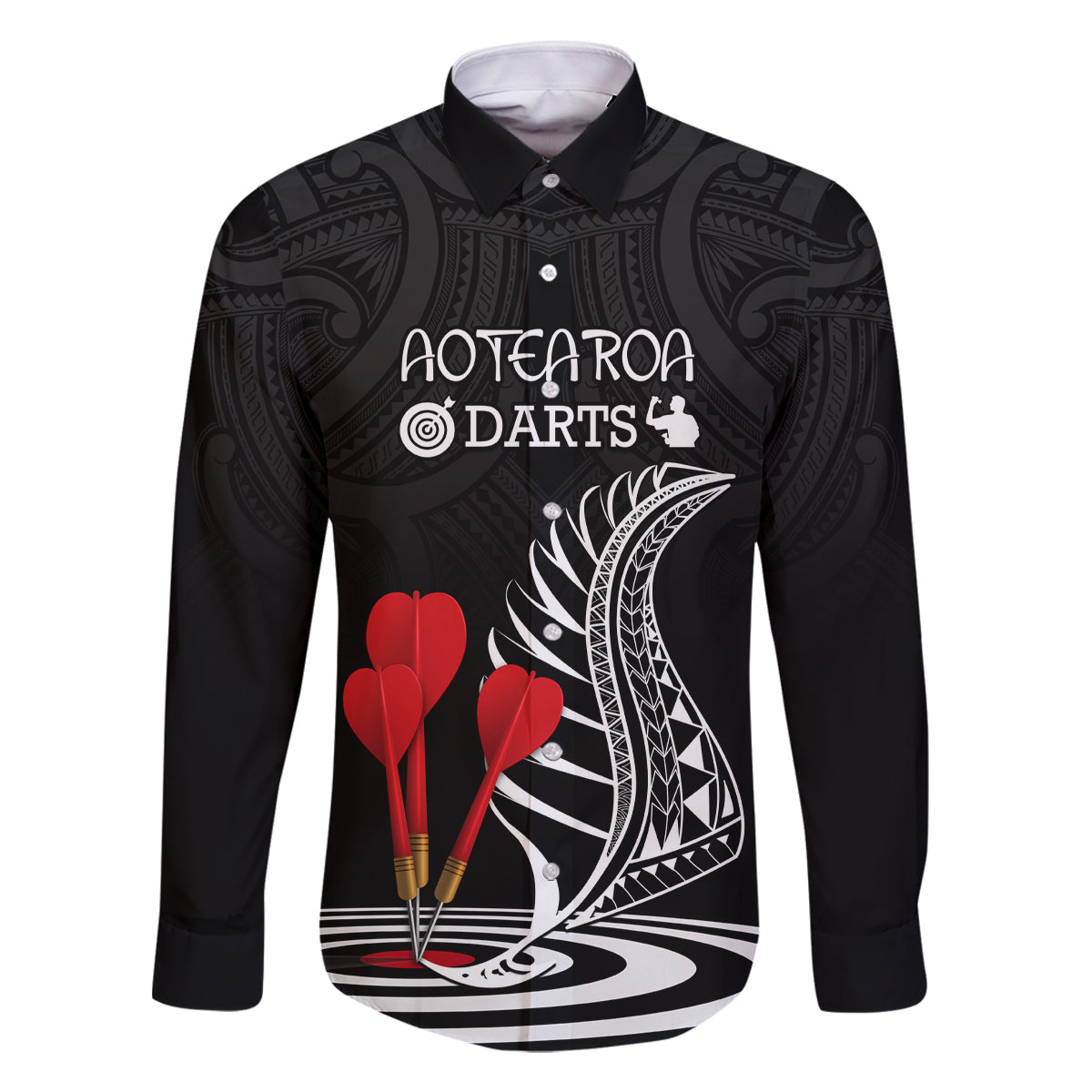 Personalised New Zealand Darts Family Matching Summer Maxi Dress and Hawaiian Shirt Aotearoa Maori Fern Bring It On LT14 Dad's Shirt - Long Sleeve Black - Polynesian Pride
