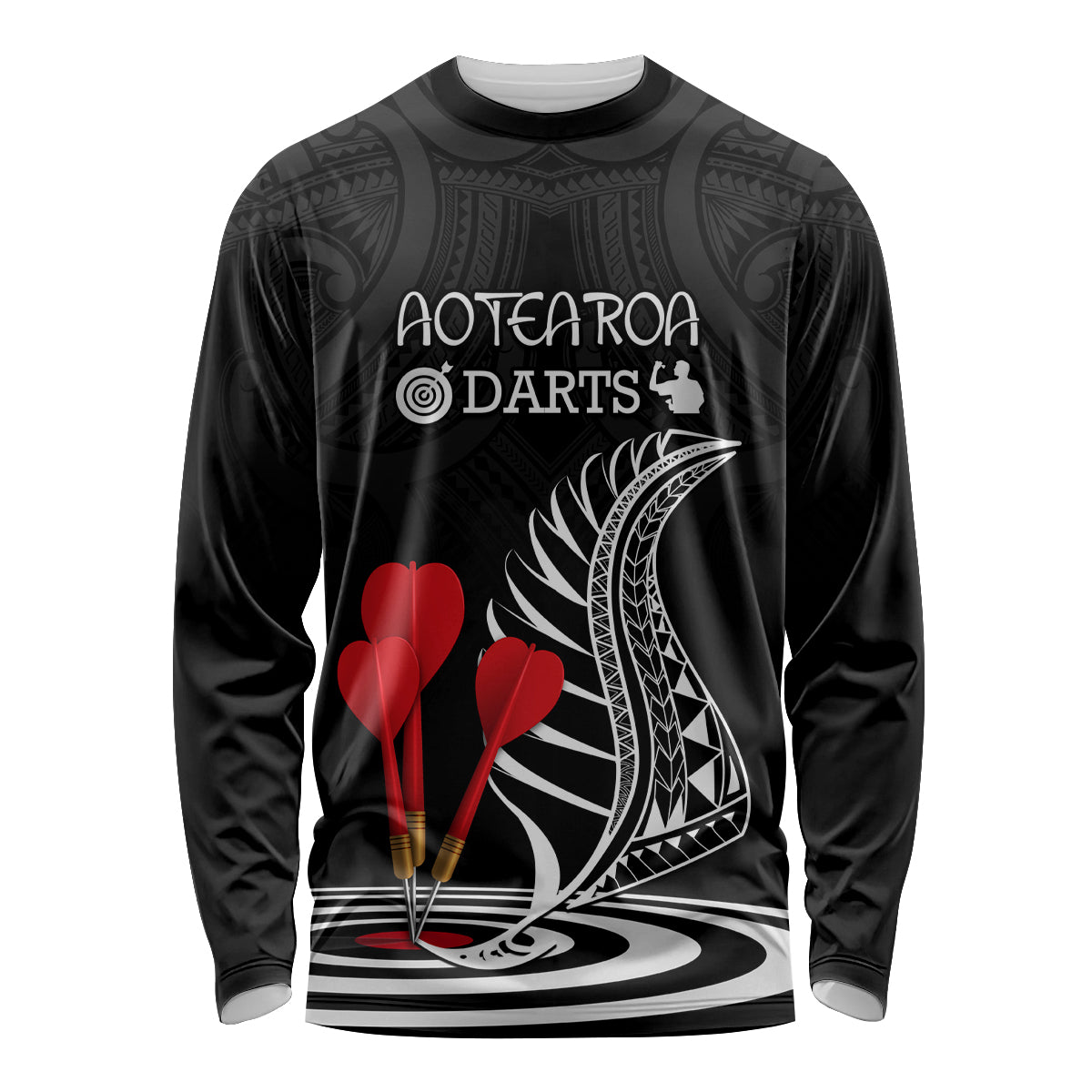 Personalised New Zealand Darts Long Sleeve Shirt Aotearoa Maori Fern Bring It On LT14 Unisex Black - Polynesian Pride