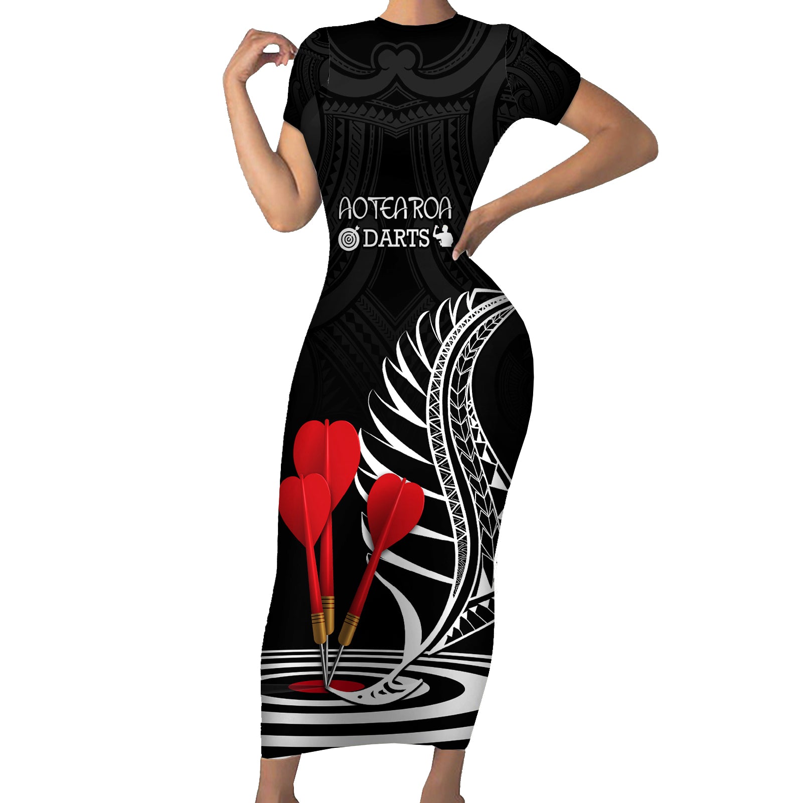 Personalised New Zealand Darts Short Sleeve Bodycon Dress Aotearoa Maori Fern Bring It On LT14 Long Dress Black - Polynesian Pride