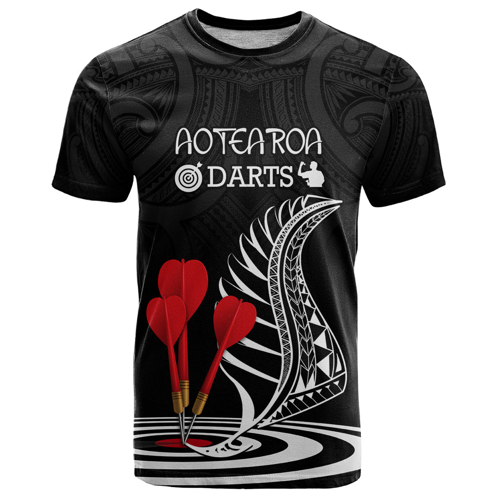 Personalised New Zealand Darts T Shirt Aotearoa Maori Fern Bring It On LT14 Black - Polynesian Pride