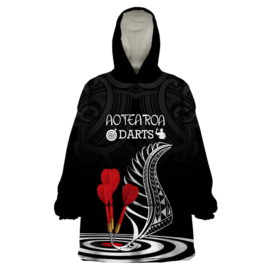 Personalised New Zealand Darts Wearable Blanket Hoodie Aotearoa Maori Fern Bring It On LT14 One Size Black - Polynesian Pride