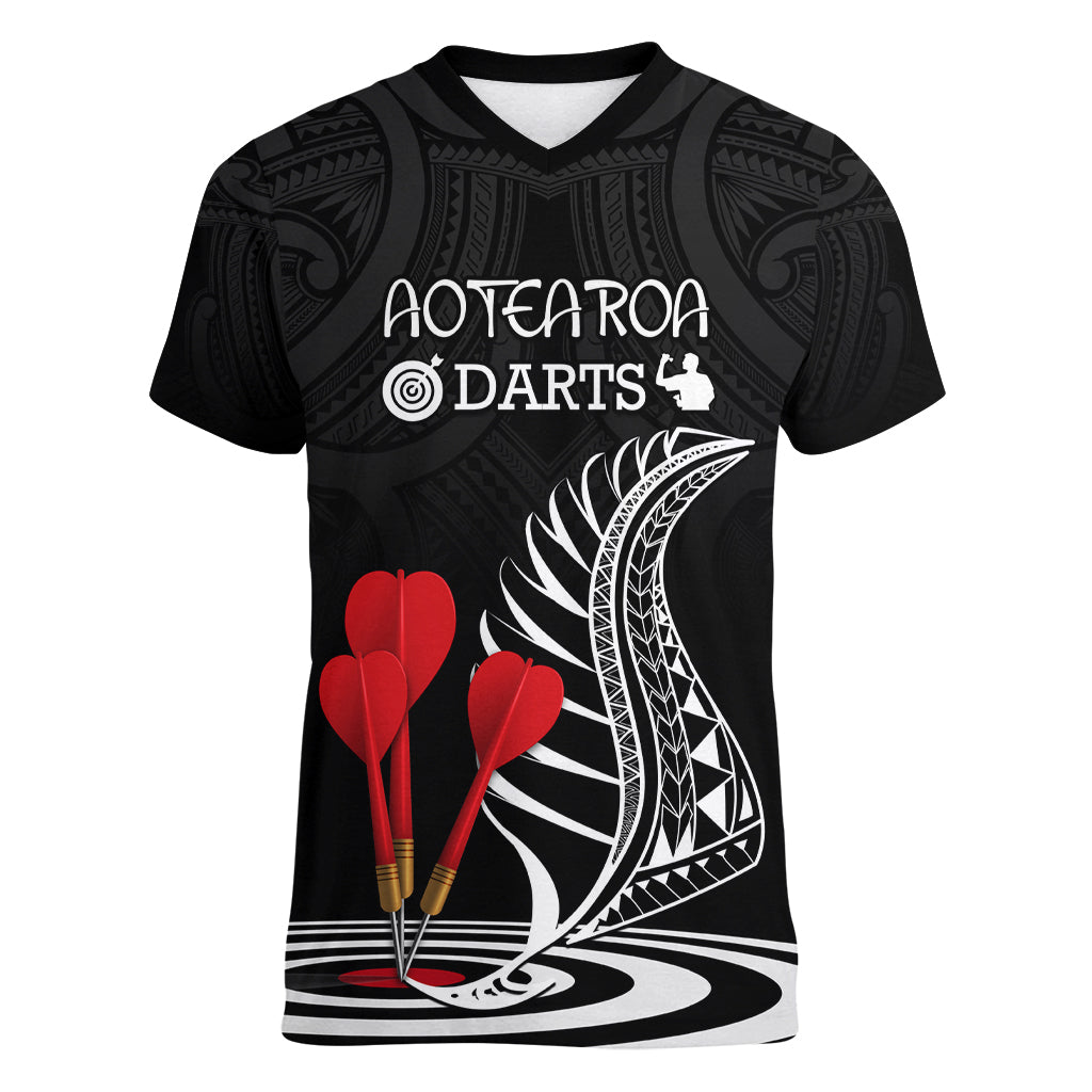 Personalised New Zealand Darts Women V Neck T Shirt Aotearoa Maori Fern Bring It On LT14 Female Black - Polynesian Pride