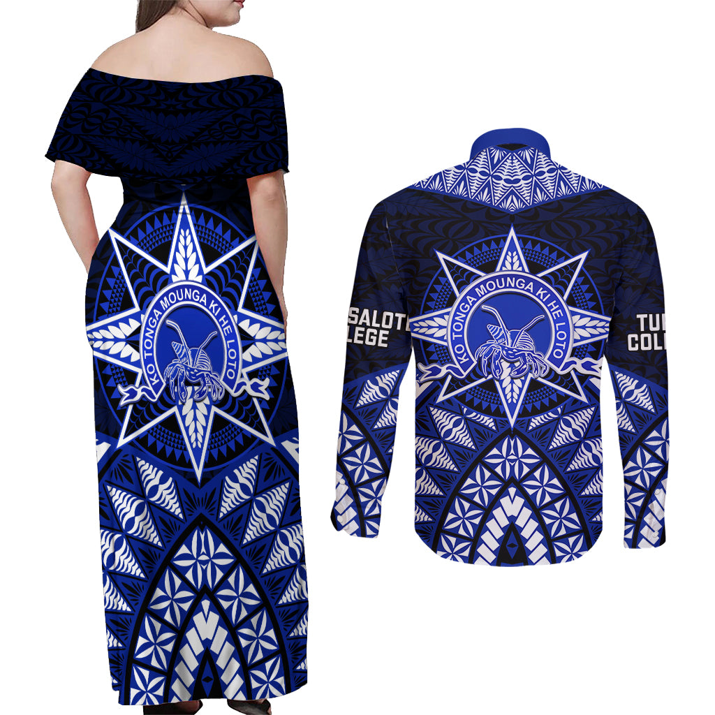 Tonga Tupou College And Queen Salote College Couples Matching Off Shoulder Maxi Dress and Long Sleeve Button Shirt Tongan Ngatu Pattern LT14 - Polynesian Pride