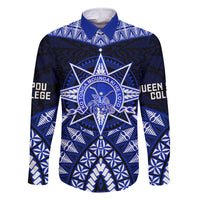 Tonga Tupou College And Queen Salote College Family Matching Off Shoulder Long Sleeve Dress and Hawaiian Shirt Tongan Ngatu Pattern LT14 Dad's Shirt - Long Sleeve Blue - Polynesian Pride