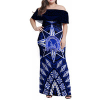 Tonga Tupou College And Queen Salote College Family Matching Off Shoulder Maxi Dress and Hawaiian Shirt Tongan Ngatu Pattern LT14 Mom's Dress Blue - Polynesian Pride