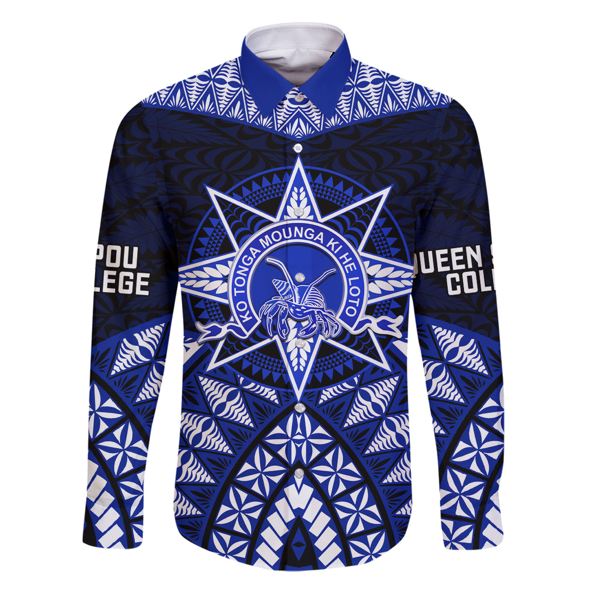 Tonga Tupou College And Queen Salote College Family Matching Tank Maxi Dress and Hawaiian Shirt Tongan Ngatu Pattern LT14 Dad's Shirt - Long Sleeve Blue - Polynesian Pride