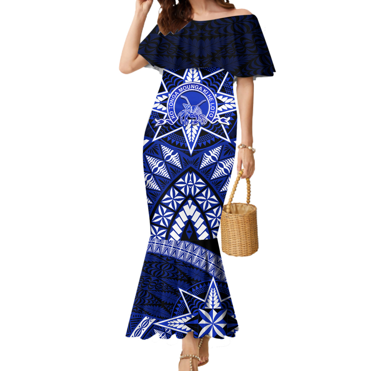 Tonga Tupou College And Queen Salote College Mermaid Dress Tongan Ngatu Pattern LT14 Women Blue - Polynesian Pride