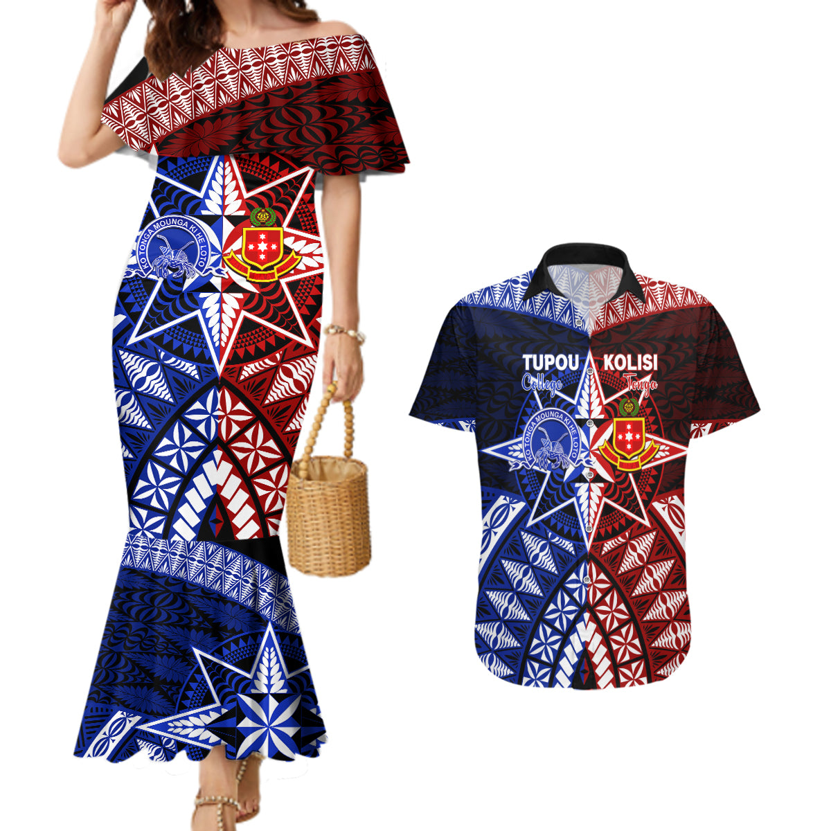 Personalised Tupou College And Kolisi Tonga Atele Couples Matching Mermaid Dress and Hawaiian Shirt Tongan Ngatu Pattern LT14 Blue - Polynesian Pride