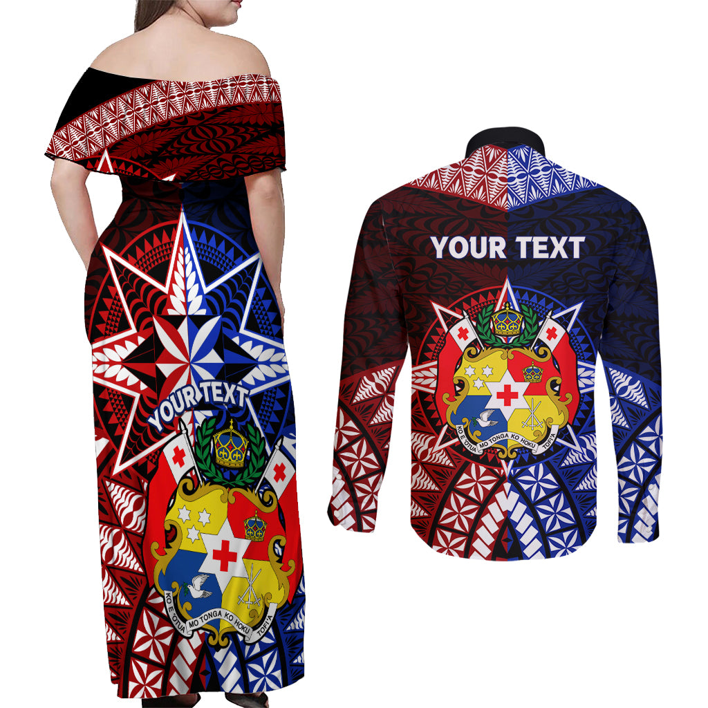 Personalised Tupou College And Kolisi Tonga Atele Couples Matching Off Shoulder Maxi Dress and Long Sleeve Button Shirt Tongan Ngatu Pattern LT14 - Polynesian Pride