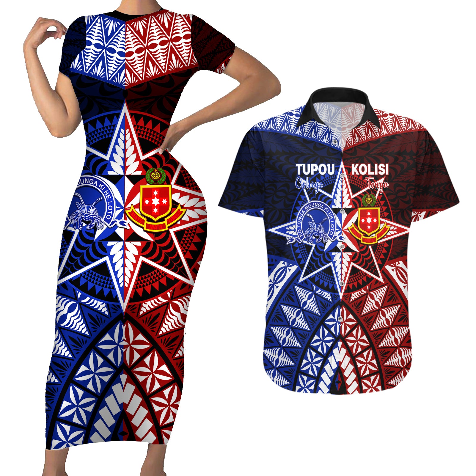 Personalised Tupou College And Kolisi Tonga Atele Couples Matching Short Sleeve Bodycon Dress and Hawaiian Shirt Tongan Ngatu Pattern LT14 Blue - Polynesian Pride