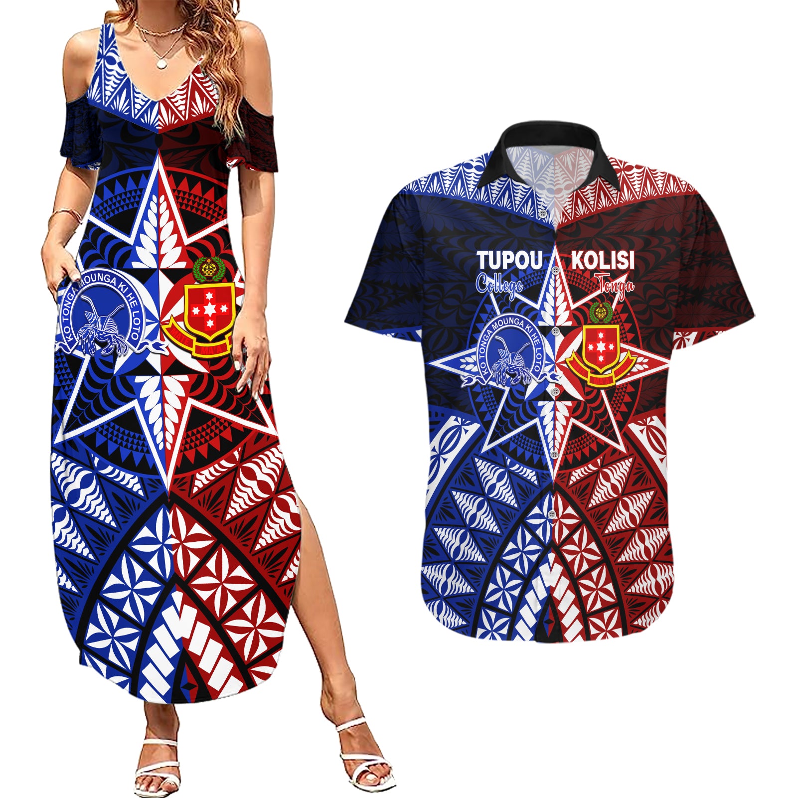 Personalised Tupou College And Kolisi Tonga Atele Couples Matching Summer Maxi Dress and Hawaiian Shirt Tongan Ngatu Pattern LT14 Blue - Polynesian Pride