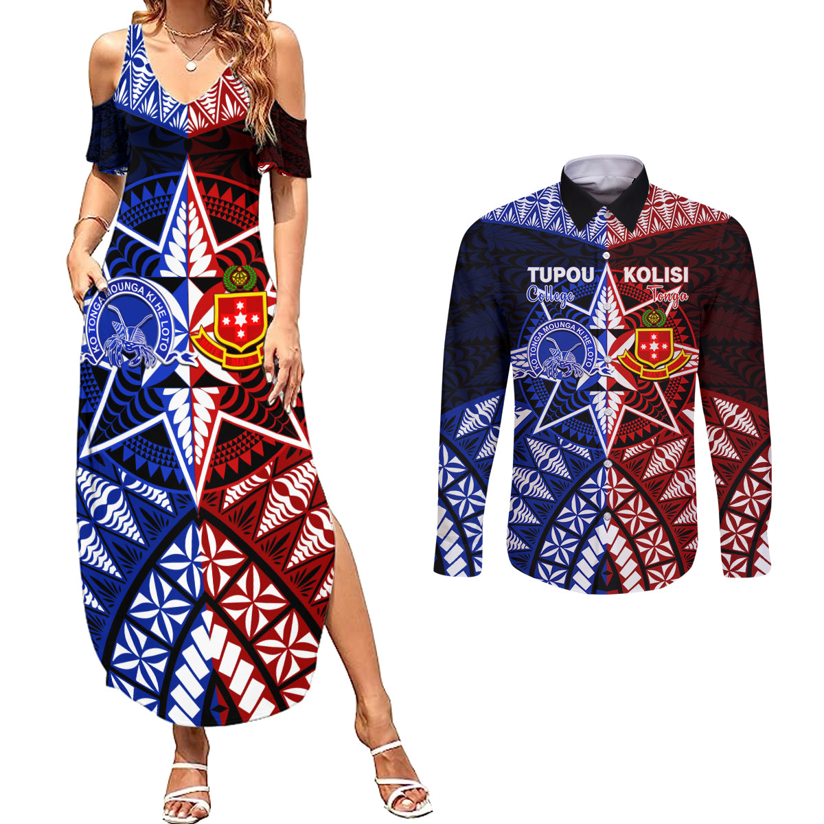 Personalised Tupou College And Kolisi Tonga Atele Couples Matching Summer Maxi Dress and Long Sleeve Button Shirt Tongan Ngatu Pattern LT14 Blue - Polynesian Pride