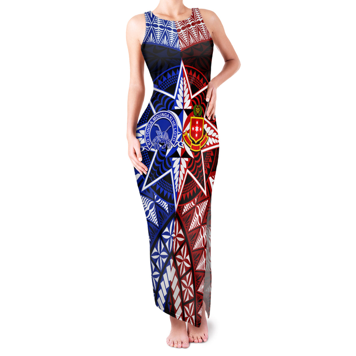 Personalised Tupou College And Kolisi Tonga Atele Family Matching Tank Maxi Dress and Hawaiian Shirt Tongan Ngatu Pattern LT14 Mom's Dress Blue - Polynesian Pride