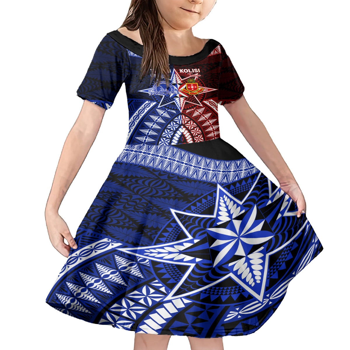 Personalised Tupou College And Kolisi Tonga Atele Kid Short Sleeve Dress Tongan Ngatu Pattern LT14 KID Blue - Polynesian Pride