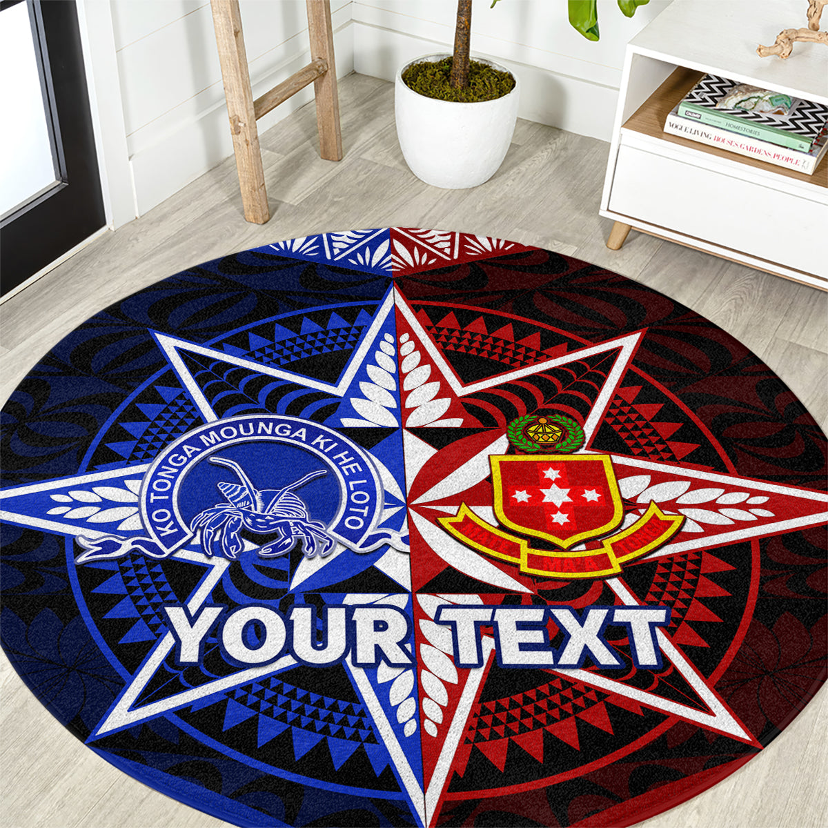 Personalised Tupou College And Kolisi Tonga Atele Round Carpet Tongan Ngatu Pattern LT14 Blue - Polynesian Pride