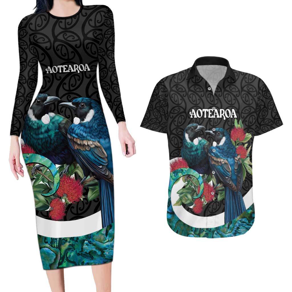 Personalised Valentine's Day New Zealand Couples Matching Long Sleeve Bodycon Dress and Hawaiian Shirt Tui Bird Couple Kowhaiwhai Mix Pohutukawa LT14 Black - Polynesian Pride