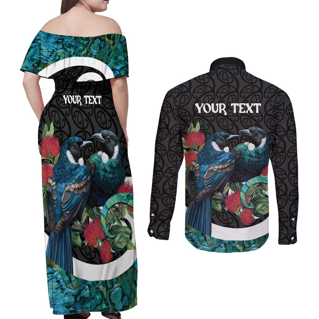 Personalised Valentine's Day New Zealand Couples Matching Off Shoulder Maxi Dress and Long Sleeve Button Shirt Tui Bird Couple Kowhaiwhai Mix Pohutukawa