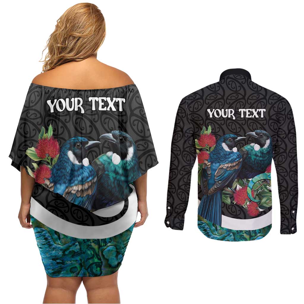 Personalised Valentine's Day New Zealand Couples Matching Off Shoulder Short Dress and Long Sleeve Button Shirt Tui Bird Couple Kowhaiwhai Mix Pohutukawa