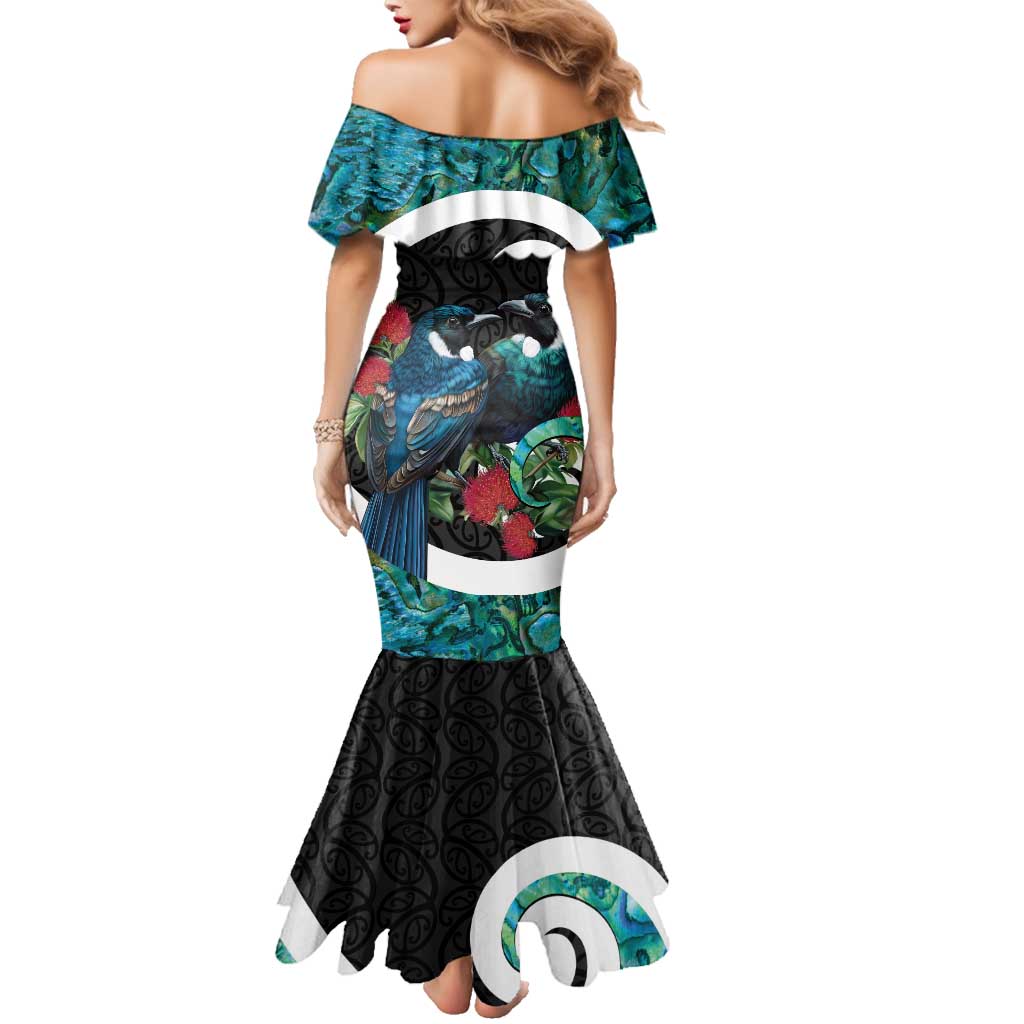 Personalised Valentine's Day New Zealand Family Matching Mermaid Dress and Hawaiian Shirt Tui Bird Couple Kowhaiwhai Mix Pohutukawa LT14 - Polynesian Pride