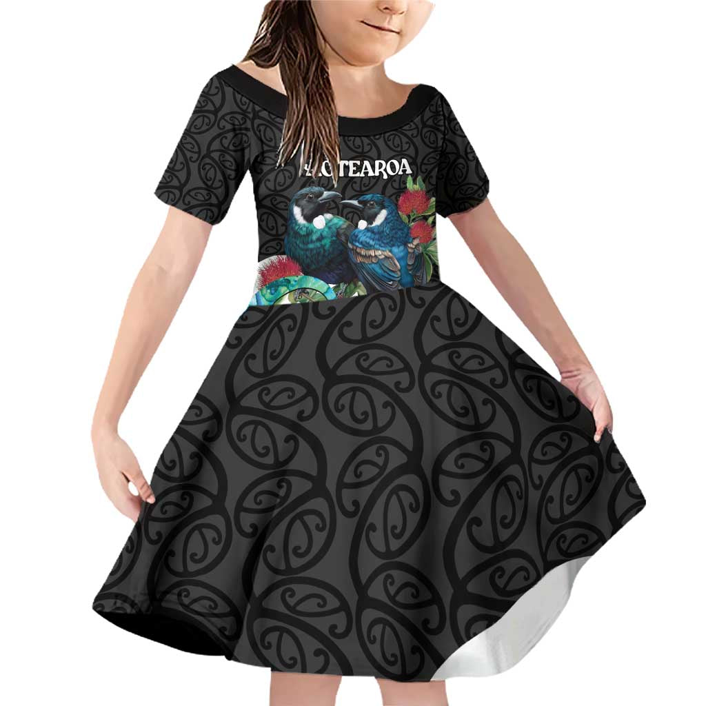 Personalised Valentine's Day New Zealand Family Matching Off Shoulder Short Dress and Hawaiian Shirt Tui Bird Couple Kowhaiwhai Mix Pohutukawa LT14 Daughter's Dress Black - Polynesian Pride