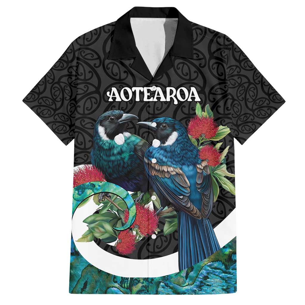 Personalised Valentine's Day New Zealand Family Matching Off Shoulder Short Dress and Hawaiian Shirt Tui Bird Couple Kowhaiwhai Mix Pohutukawa LT14 Dad's Shirt - Short Sleeve Black - Polynesian Pride
