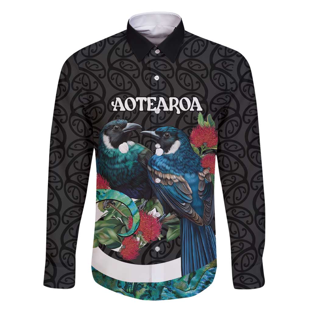 Personalised Valentine's Day New Zealand Family Matching Short Sleeve Bodycon Dress and Hawaiian Shirt Tui Bird Couple Kowhaiwhai Mix Pohutukawa LT14 Dad's Shirt - Long Sleeve Black - Polynesian Pride