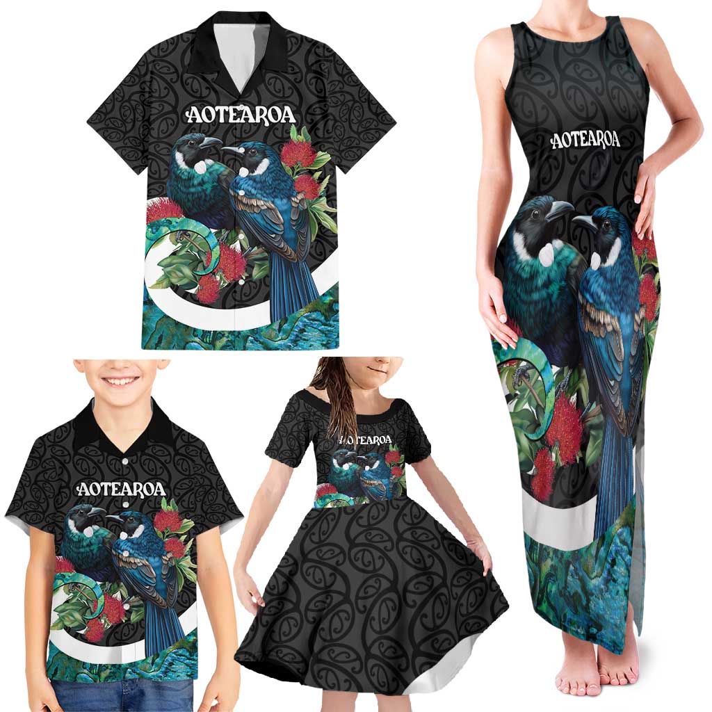 Personalised Valentine's Day New Zealand Family Matching Tank Maxi Dress and Hawaiian Shirt Tui Bird Couple Kowhaiwhai Mix Pohutukawa LT14 - Polynesian Pride