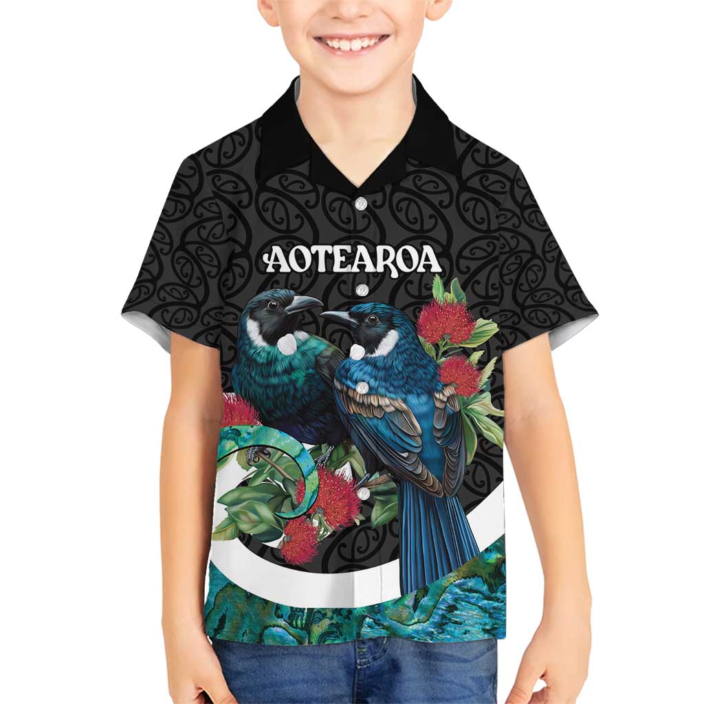 Personalised Valentine's Day New Zealand Family Matching Tank Maxi Dress and Hawaiian Shirt Tui Bird Couple Kowhaiwhai Mix Pohutukawa LT14 Son's Shirt Black - Polynesian Pride