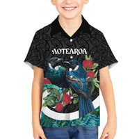 Personalised Valentine's Day New Zealand Kid Hawaiian Shirt Tui Bird Couple Kowhaiwhai Mix Pohutukawa LT14 Kid Black - Polynesian Pride